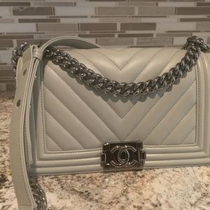 Chanel Calfskin Chevron Quilted Boy Flap Gray - Brand NEW